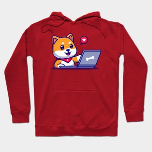 Cute Shiba Inu Dog Working On Laptop Cartoon Hoodie